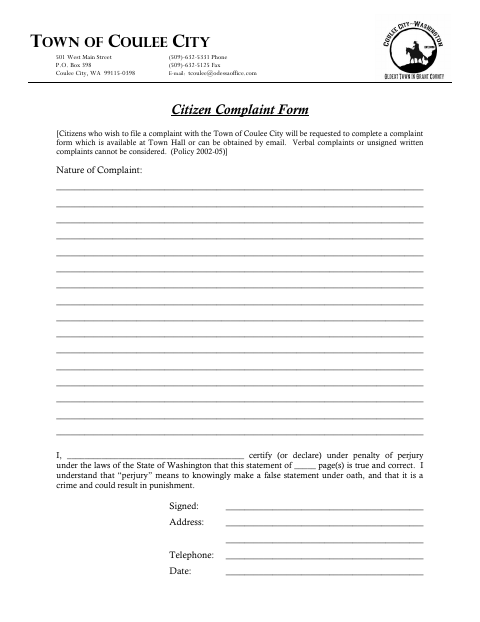 First page of the Citizen Complaint Form