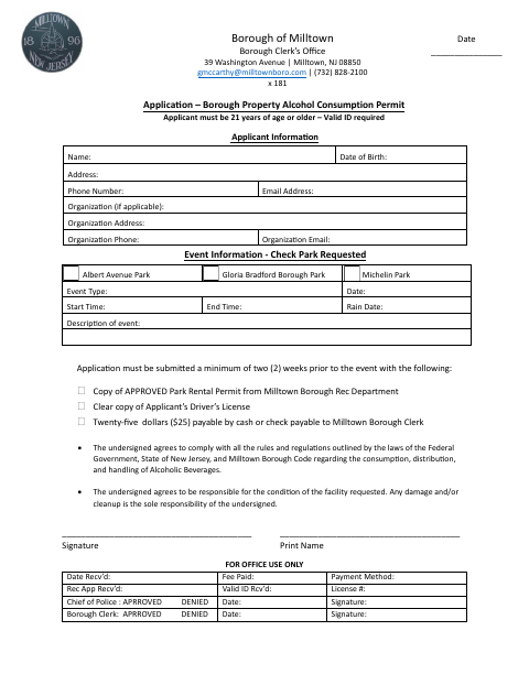 First page of the Borough Property Alcohol Consumption Permit