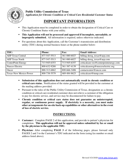 First page of the Application for Chronic Condition or Critical Care Residential Customer Status