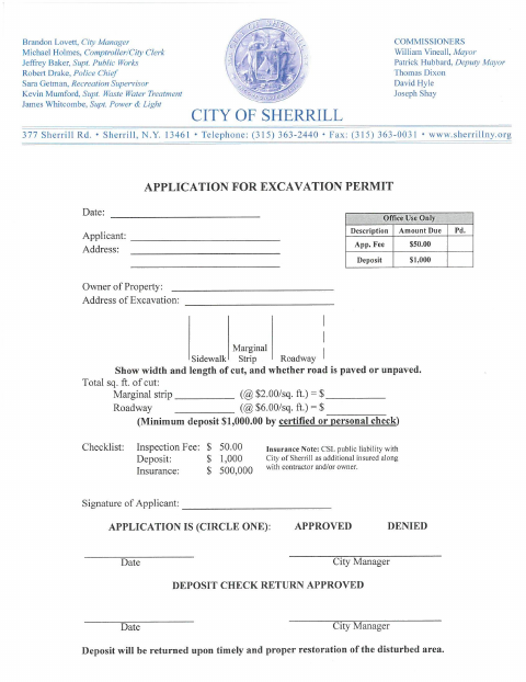 First page of the Excavation Permit Application