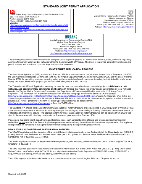 First page of the Standard Joint Permit Application