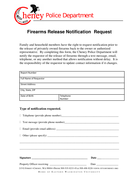First page of the Firearms Release Notification Request
