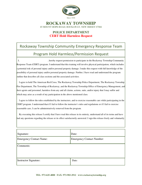 First page of the CERT Hold Harmless Request