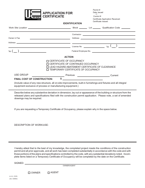 First page of the Application for Certificate of Occupancy