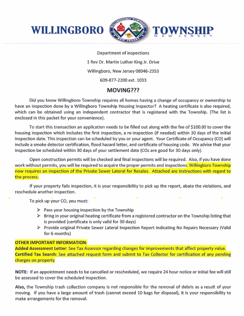 First page of the Resale Inspection Application (Moving)