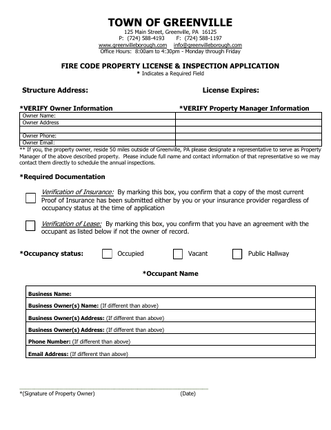 First page of the Fire Code Property License & Inspection Application
