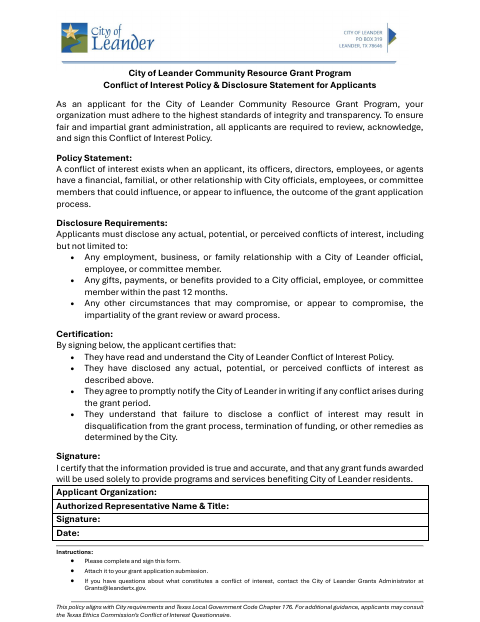 First page of the Conflict of Interest Policy & Disclosure Statement for Applicants