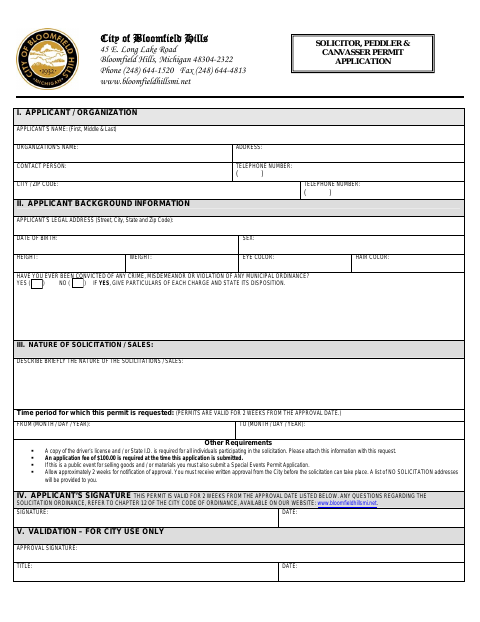 First page of the Solicitor, Peddler & Canvasser Permit Application