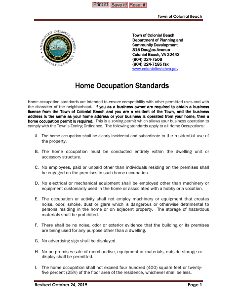 First page of the Home Occupation Permit Application