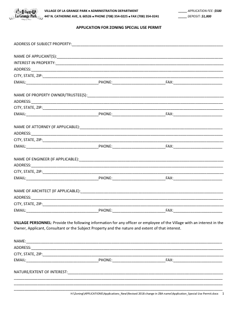First page of the Application for Zoning Special Use Permit