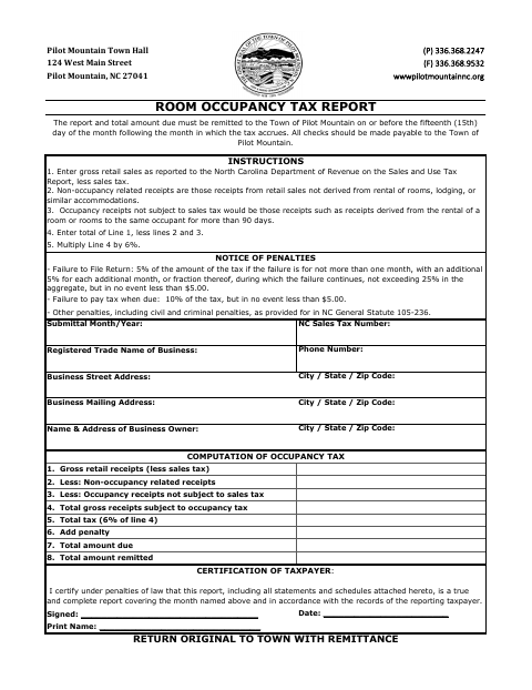 First page of the Room Occupancy Tax Report