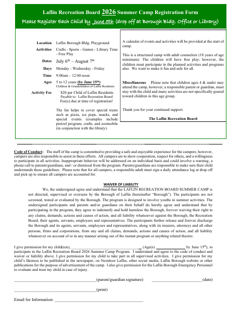 First page of the Summer Camp Registration Form