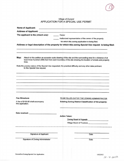 First page of the Special Use Permit Application