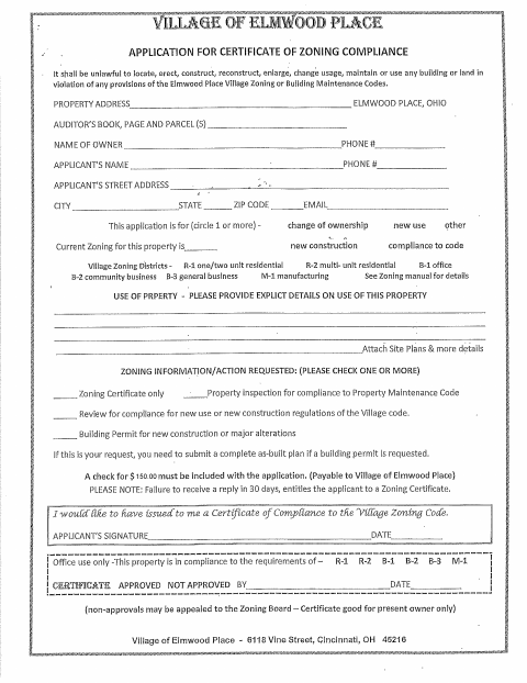First page of the Zoning Compliance Application