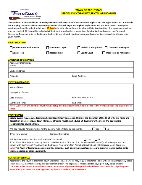 First page of the Special Event / Facility Rental Application