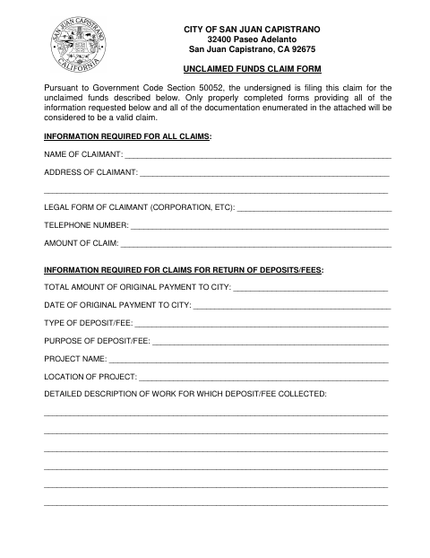 First page of the Unclaimed Funds Claim Form
