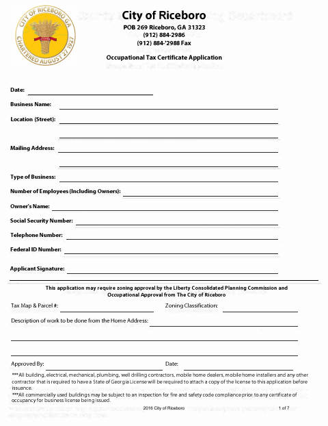 First page of the Occupational Tax Certificate Application