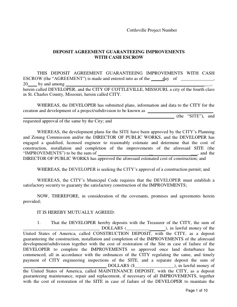First page of the Deposit Agreement Guaranteeing Improvements With Cash Escrow