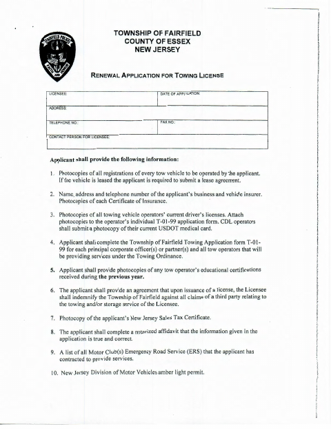 First page of the Towing License Renewal Application