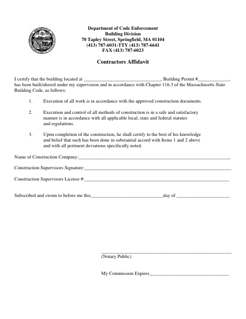 First page of the Contractors Affidavit