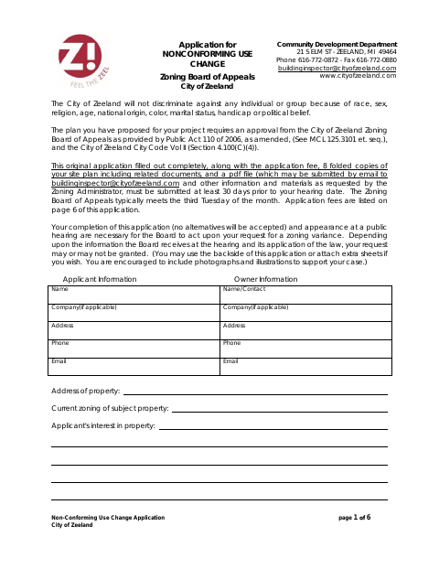 First page of the Non-Conforming Use Change Application