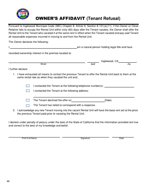 First page of the Owner’s Affidavit (Tenant Refusal)