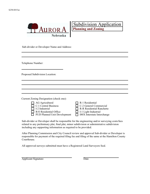 First page of the Subdivision Application