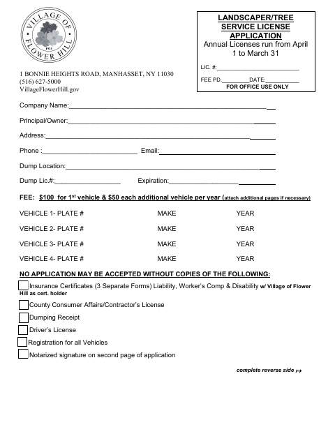 First page of the Landscaper/Tree Service License Application