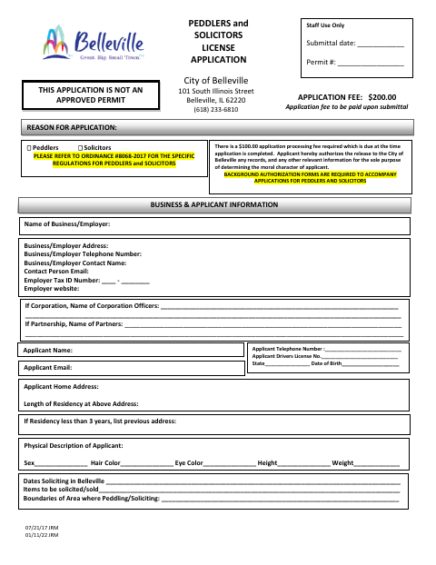 First page of the Peddlers and Solicitors License Application
