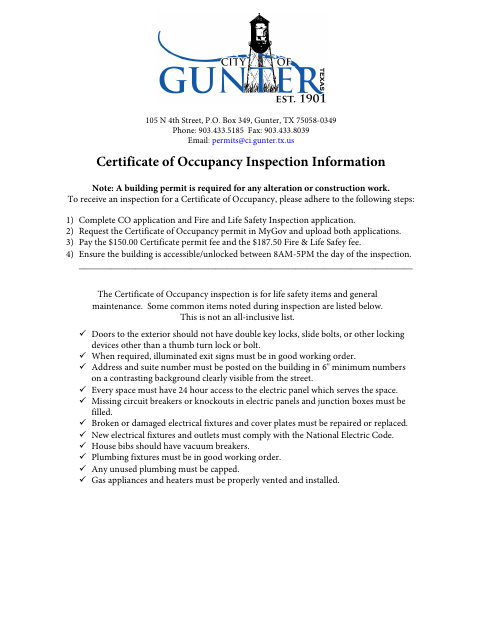 First page of the Commercial Certificate of Occupancy Application