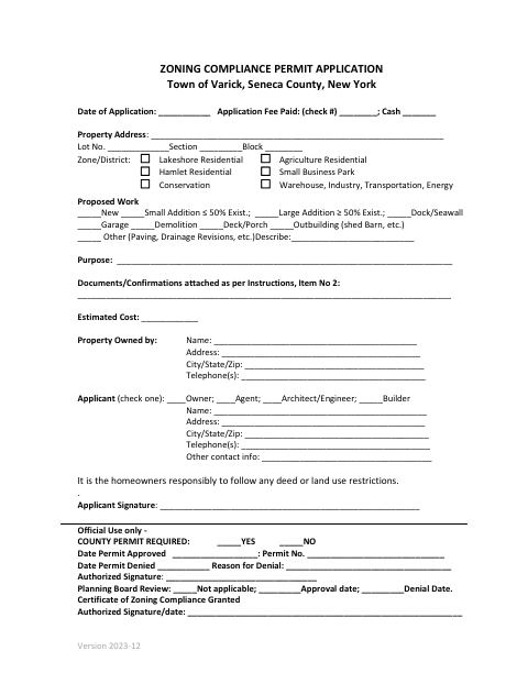 First page of the Zoning Compliance Permit Application