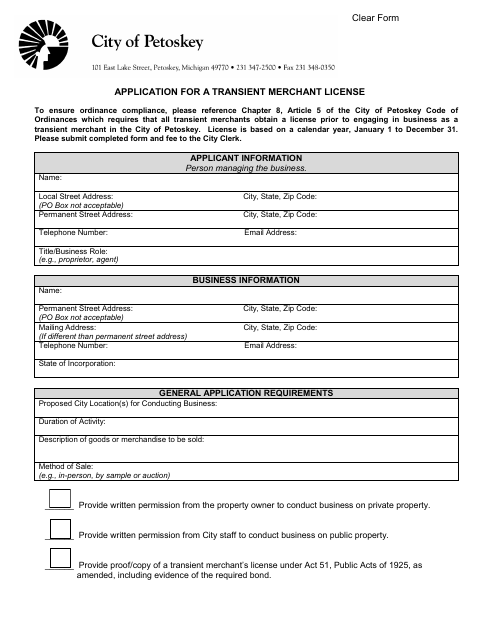 First page of the Transient Merchant License Application