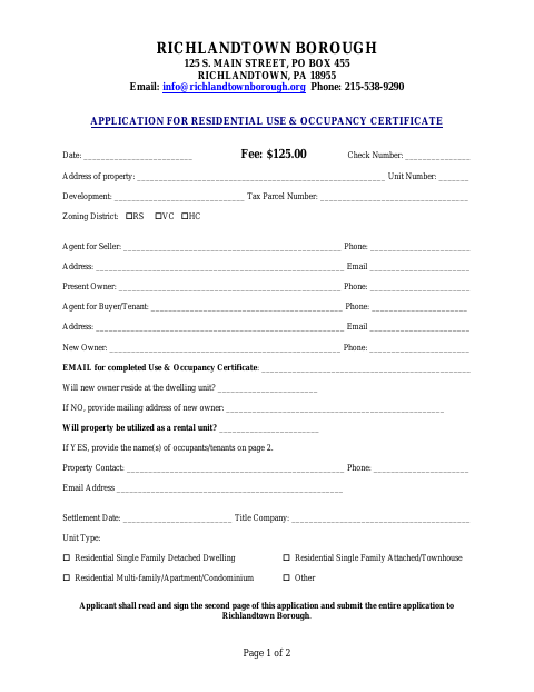 First page of the Application for Residential Use and Occupancy Certificate