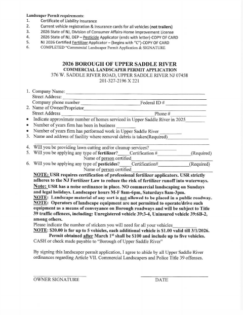 First page of the Commercial Landscaper Permit Application 2026