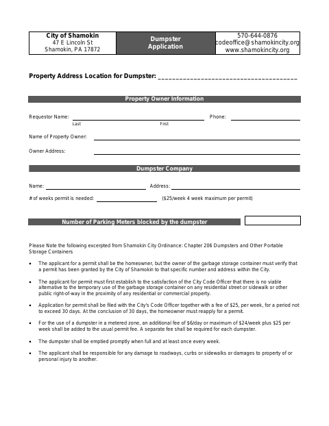 First page of the Dumpster Application