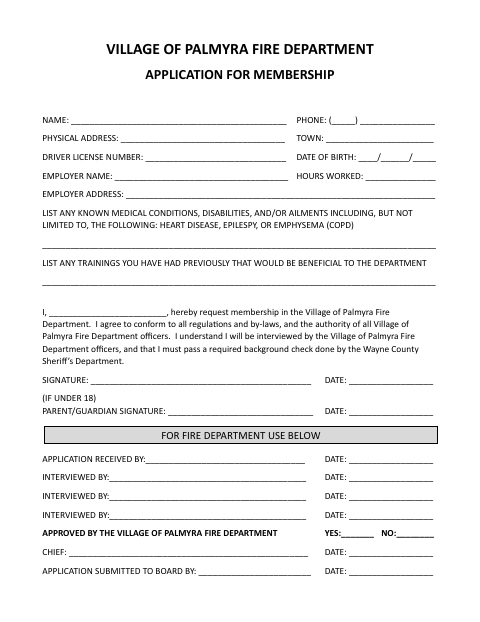 First page of the Fire Department Application for Membership