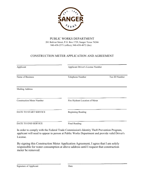First page of the Construction Meter Application and Agreement
