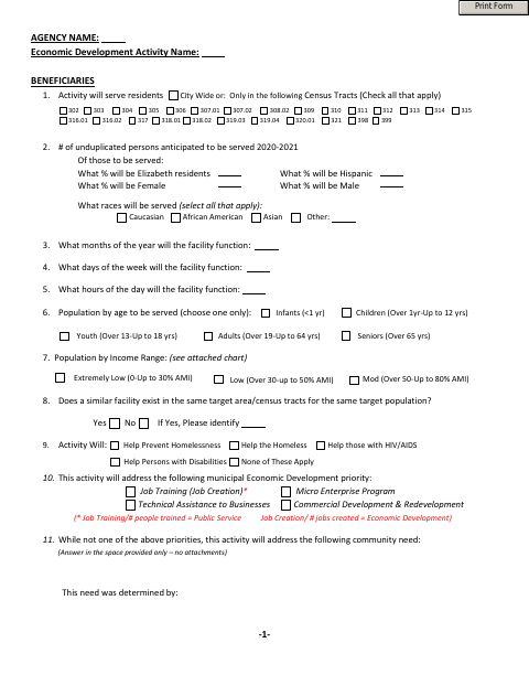 First page of the Economic Development Activity Application