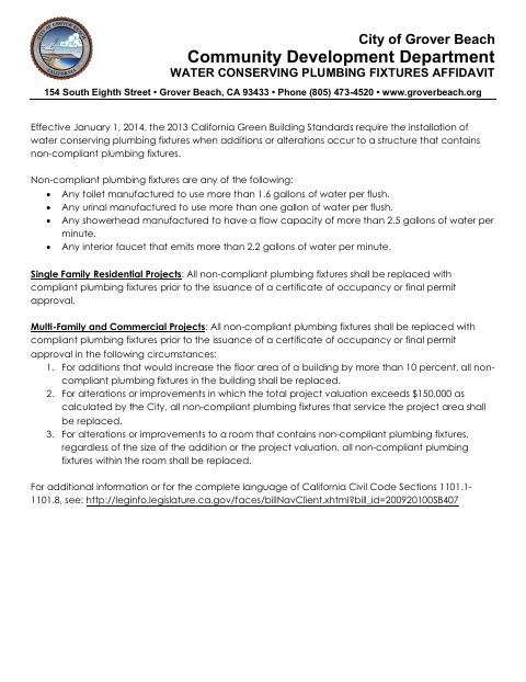 First page of the Water Conserving Plumbing Fixtures Affidavit