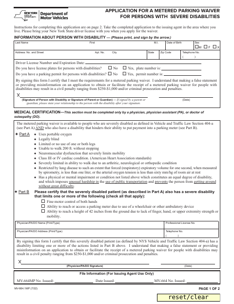 First page of the Metered Parking Waiver Application