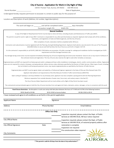 First page of the Application for Work in City Right of Way