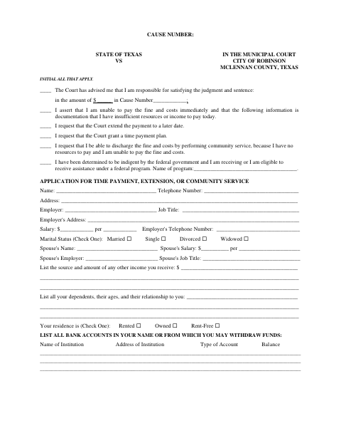 First page of the Application for Time Payment, Extension, or Community Service