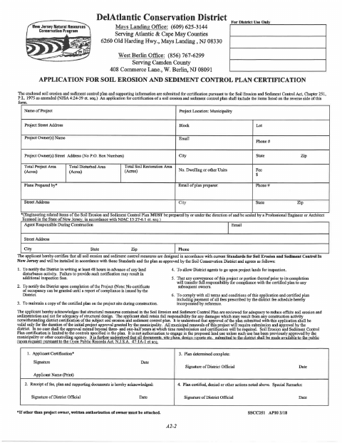 First page of the Application for Soil Erosion and Sediment Control Plan Certification