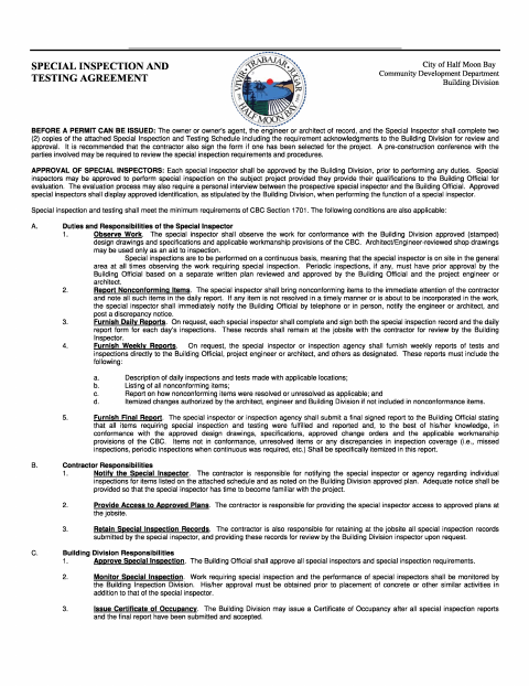 First page of the Special Inspection and Testing Agreement