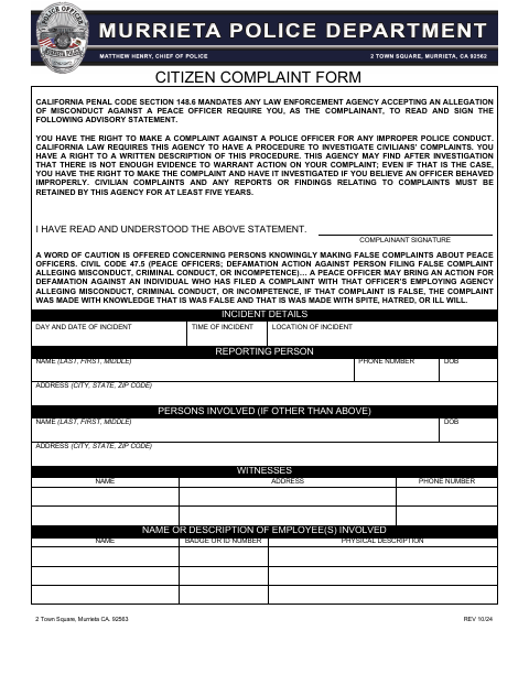 First page of the Personnel Complaint Form