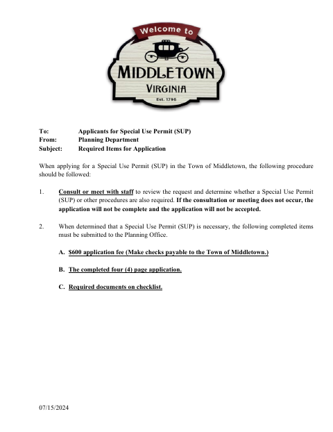 First page of the Special Use Permit Application