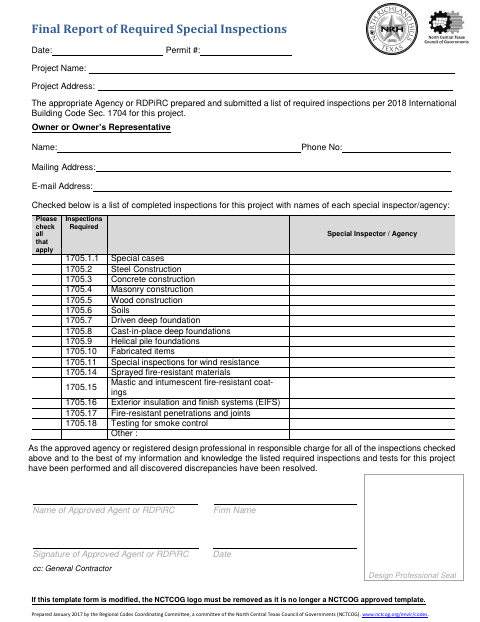 First page of the Final Report of Required Special Inspections
