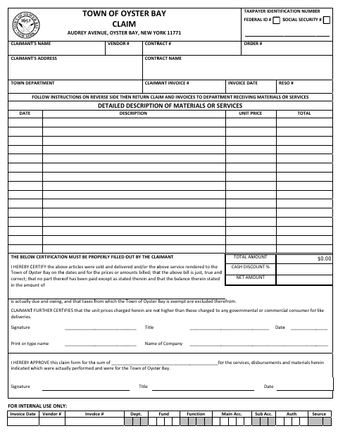 First page of the Town of Oyster Bay Claim Form (Vendor Invoice Certification)