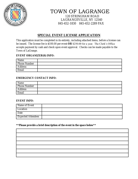 First page of the Special Event License Application