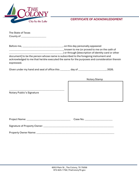 First page of the Certificate of Acknowledgment